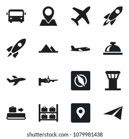 Set of vector isolated black icon - airport tower vector, baggage conveyor, bus, reception bell, boarding, plane, luggage storage, pin, place tag, compass, mountains, rocket, paper