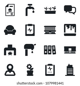 Set of vector isolated black icon - seedling vector, pulse clipboard, navigation, railroad, dialog, scanner, paper binder, water supply, estate document, cushioned furniture, fireplace, city house
