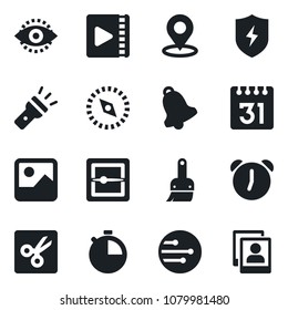 Set of vector isolated black icon - gallery vector, protect, themes, alarm, stopwatch, bell, scanner, network, calendar, torch, cut, place tag, compass, eye id, video, photo