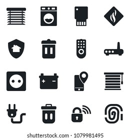 Set of vector isolated black icon - mobile tracking vector, socket, power plug, wireless lock, remote control, router, washer, smoke detector, jalousie, home protect, trash bin, usb flash, battery