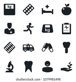 Set of vector isolated black icon - microscope vector, scales, pills, blister, ambulance car, run, hospital bed, tooth, implant, pulse clipboard, doctor, patient, heavy, apple fruit, palm sproute