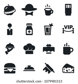 Set of vector isolated black icon - hot cup vector, pills bottle, diet, coffee, waiter, restaurant table, cook hat, reception, drink, phyto bar, vip zone, dress code, hamburger, rolling pin, cheese