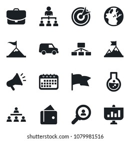 Set of vector isolated black icon - hierarchy vector, target, consumer search, motivation, wallet, earth, calendar, flask, flag, case, car, advertising, presentation