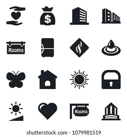 Set of vector isolated black icon - sun vector, office building, money bag, butterfly, house, heart, hand, brightness, lock, rooms, water, smoke detector, fridge
