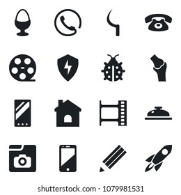 Set of vector isolated black icon - lady bug vector, house, sickle, joint, film frame, reel, cell phone, mobile, protect, photo gallery, pencil, reception, egg stand, rocket