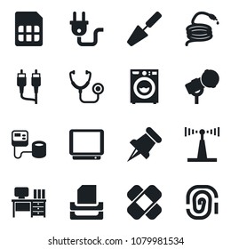 Set of vector isolated black icon - desk vector, trowel, hose, stethoscope, blood pressure, patch, microphone, antenna, tv, paper pin, rca, sim, tray, washer, power plug, fingerprint