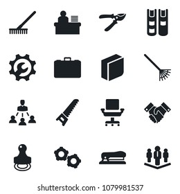 Set of vector isolated black icon - gear vector, case, rake, pruner, saw, root setup, office chair, blank box, manager desk, hierarchy, handshake, stamp, book, stapler, company
