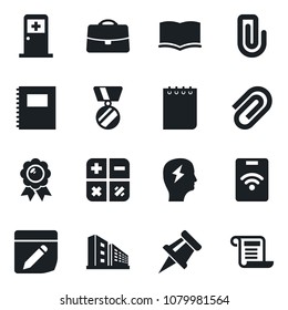 Set of vector isolated black icon - medical room vector, book, calculator, medal, notepad, brainstorm, notes, case, copybook, drawing pin, paper clip, office building, pass card, contract