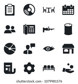 Set of vector isolated black icon - cafe vector, waiting area, shop, boarding, speaking man, calendar, circle chart, eye, oil barrel, news, group, settings, clipboard, pie graph, office phone