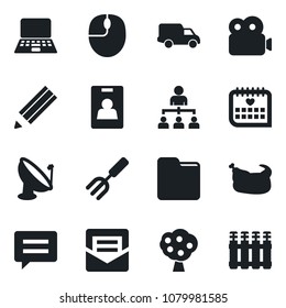 Set of vector isolated black icon - hierarchy vector, mouse, notebook pc, garden fork, medical calendar, car delivery, satellite antenna, message, mail, folder, video, identity card, pencil, chicken