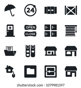 Set of vector isolated black icon - 24 around vector, automatic door, umbrella, shop, medical room, checkroom, store, container, scanner, folder, document, book, open close, home control, jalousie