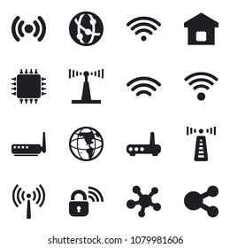 Set of vector isolated black icon - antenna vector, network, share, wireless, smart home, chip, lock, router, earth, social media