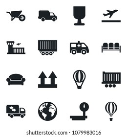 Set of vector isolated black icon - departure vector, waiting area, airport building, wheelbarrow, ambulance car, earth, truck trailer, delivery, fragile, up side sign, heavy scales, moving