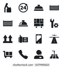Set of vector isolated black icon - runway vector, 24 around, reception bell, baby room, office phone, cargo container, consolidated, up side sign, cell, call, root setup, support, warm floor