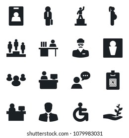 Set of vector isolated black icon - male vector, pedestal, manager place, disabled, doctor, pregnancy, client, speaker, group, identity card, desk, palm sproute