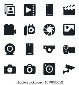 Set of vector isolated black icon - camera vector, clapboard, video, phone back, mobile, gallery, photo, web, surveillance