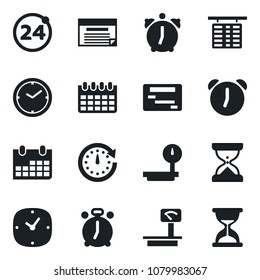 Set of vector isolated black icon - 24 around vector, alarm clock, flight table, calendar, heavy scales, schedule, sand