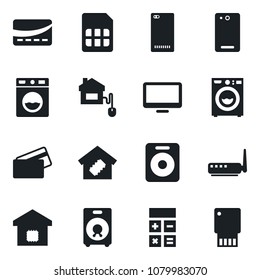 Set of vector isolated black icon - calculator vector, monitor, speaker, phone back, sim, washer, smart home, credit card, control, router, usb flash