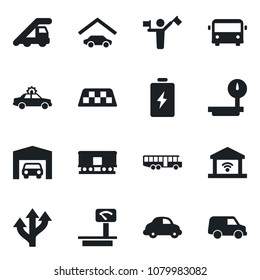 Set of vector isolated black icon - dispatcher vector, taxi, airport bus, alarm car, ladder, route, delivery, heavy scales, railroad, garage, gate control, battery
