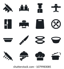 Set of vector isolated black icon - fridge vector, cook, restaurant table, cafe, hat, plates, waiter, salt and pepper, bowl, rolling pin, cutting board, knife, steaming pan