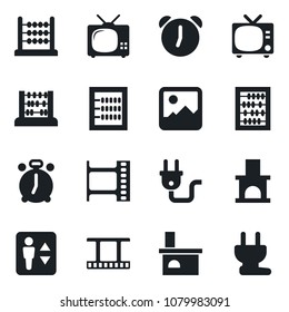 Set of vector isolated black icon - elevator vector, alarm clock, tv, abacus, fireplace, film frame, gallery, power plug