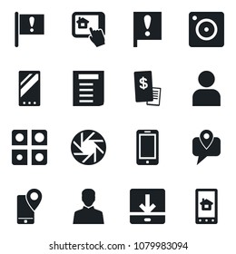 Set of vector isolated black icon - mobile phone vector, document, important flag, tracking, camera, user, download, application, restaurant receipt, home control app