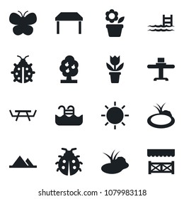 Set of vector isolated black icon - flower in pot vector, butterfly, lady bug, sun, pond, picnic table, pool, fruit tree, mountains, restaurant, alcove