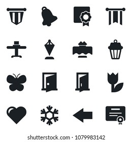 Set of vector isolated black icon - left arrow vector, pennant, butterfly, heart, tulip, bell, sertificate, restaurant table, snowflake, outdoor lamp, door, pennon, certificate