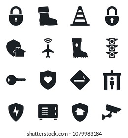 Set of vector isolated black icon - plane radar vector, security gate, smoking place, border cone, safe, lock, boot, heart shield, traffic light, protect, key, home, surveillance