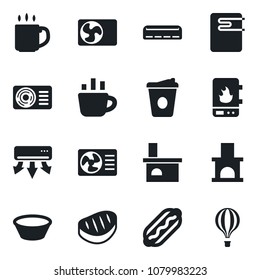 Set of vector isolated black icon - coffee vector, fireplace, air conditioner, steak, hot dog, bowl, water heater, balloon