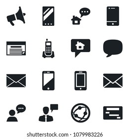 Set of vector isolated black icon - mobile phone vector, speaking man, mail, office, loudspeaker, network, cell, speaker, message, home, schedule
