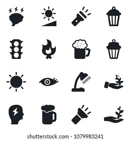 Set of vector isolated black icon - brainstorm vector, fire, sun, garden light, eye, traffic, torch, brightness, desk lamp, beer, outdoor, palm sproute