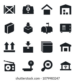 Set of vector isolated black icon - safe vector, doctor case, container, warehouse storage, up side sign, package, heavy scales, search cargo, radio, blank box, mailbox, garage gate control
