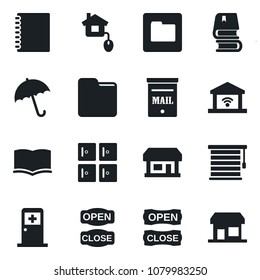 Set of vector isolated black icon - umbrella vector, medical room, checkroom, book, store, folder, copybook, mailbox, open close, home control, jalousie, garage gate, storefront