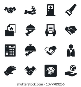 Set of vector isolated black icon - medical room vector, handshake, document, glove, saw, fingerprint id, estate, waiter, combination lock, palm sproute, investment