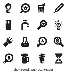 Set of vector isolated black icon - bulb vector, thermometer, heart diagnostic, torch, water supply, estate search, client, drink, phyto bar, beer, energy saving, money, idea, flask, sand clock