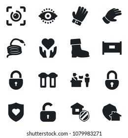 Set of vector isolated black icon - fence vector, passport control, lock, glove, boot, hose, heart shield, hand, eye id, estate insurance, water filter, home protect
