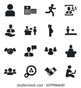 Set of vector isolated black icon - passport control vector, escalator, reception, handshake, speaking man, run, hospital, pregnancy, client, group, user, hr, consumer search, with notebook