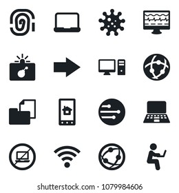 Set of vector isolated black icon - no laptop vector, bomb in case, right arrow, notebook pc, monitor pulse, virus, folder document, network, wireless, home control app, fingerprint, man with