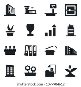 Set of vector isolated black icon - airport building vector, office, growth statistic, seedling, fragile, heavy scales, scanner, paper binder, meeting, estate document, flower in pot, city house