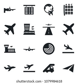 Set of vector isolated black icon - plane vector, runway, departure, arrival, ladder car, radar, boarding, seat map, flight table, globe, airport building, paper