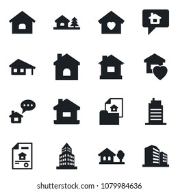 Set of vector isolated black icon - house vector, office building, with garage, tree, estate document, sweet home, city, message