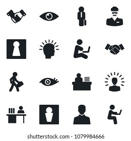 Set of vector isolated black icon - male vector, female, handshake, eye, doctor, user, manager desk, shining head, man with notebook