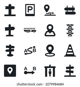 Set of vector isolated black icon - airport bus vector, parking, security gate, signpost, border cone, navigation, traffic light, route, place tag, guidepost