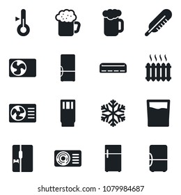 Set of vector isolated black icon - thermometer vector, heater, air conditioner, fridge, drink, beer, snowflake