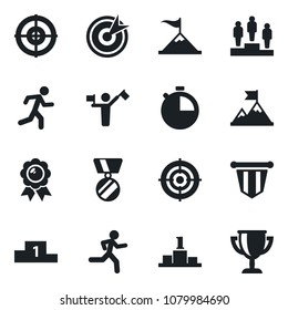 Set of vector isolated black icon - dispatcher vector, pedestal, pennant, medal, run, stopwatch, target, motivation, award cup