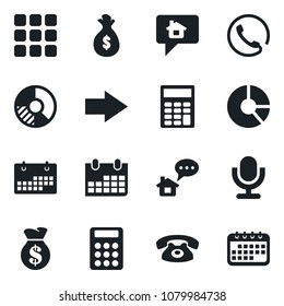 Set of vector isolated black icon - right arrow vector, calendar, circle chart, microphone, menu, calculator, phone, home message, money bag