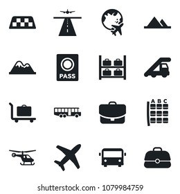 Set of vector isolated black icon - runway vector, taxi, baggage trolley, airport bus, passport, ladder car, helicopter, seat map, luggage storage, plane globe, mountains, case