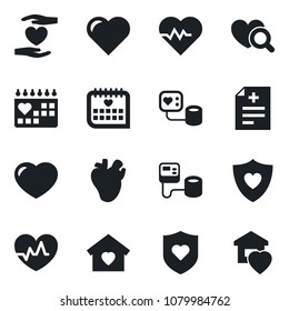 Set of vector isolated black icon - heart vector, pulse, diagnosis, blood pressure, diagnostic, shield, hand, real, medical calendar, sweet home