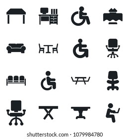 Set of vector isolated black icon - cafe vector, waiting area, disabled, office chair, desk, picnic table, cushioned furniture, restaurant, man with notebook